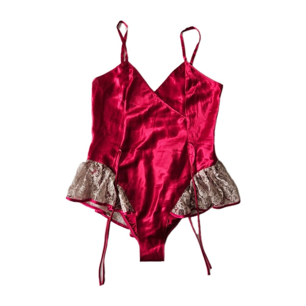 Vtg Victoria's Secret Fuchsia Satin Lace Peplum Teddy Lingerie Gold Label M